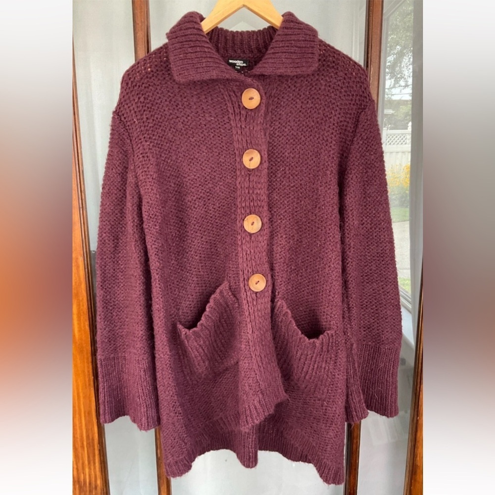 Wooden Ships Cardigan Sweater Coat Red Purple Size S/M Mohair Wool Blend Buttons
